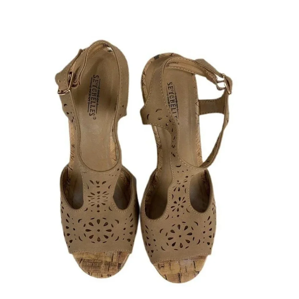 Seychelles Tan Floral Cutout Cork‎ Wedges Sandals